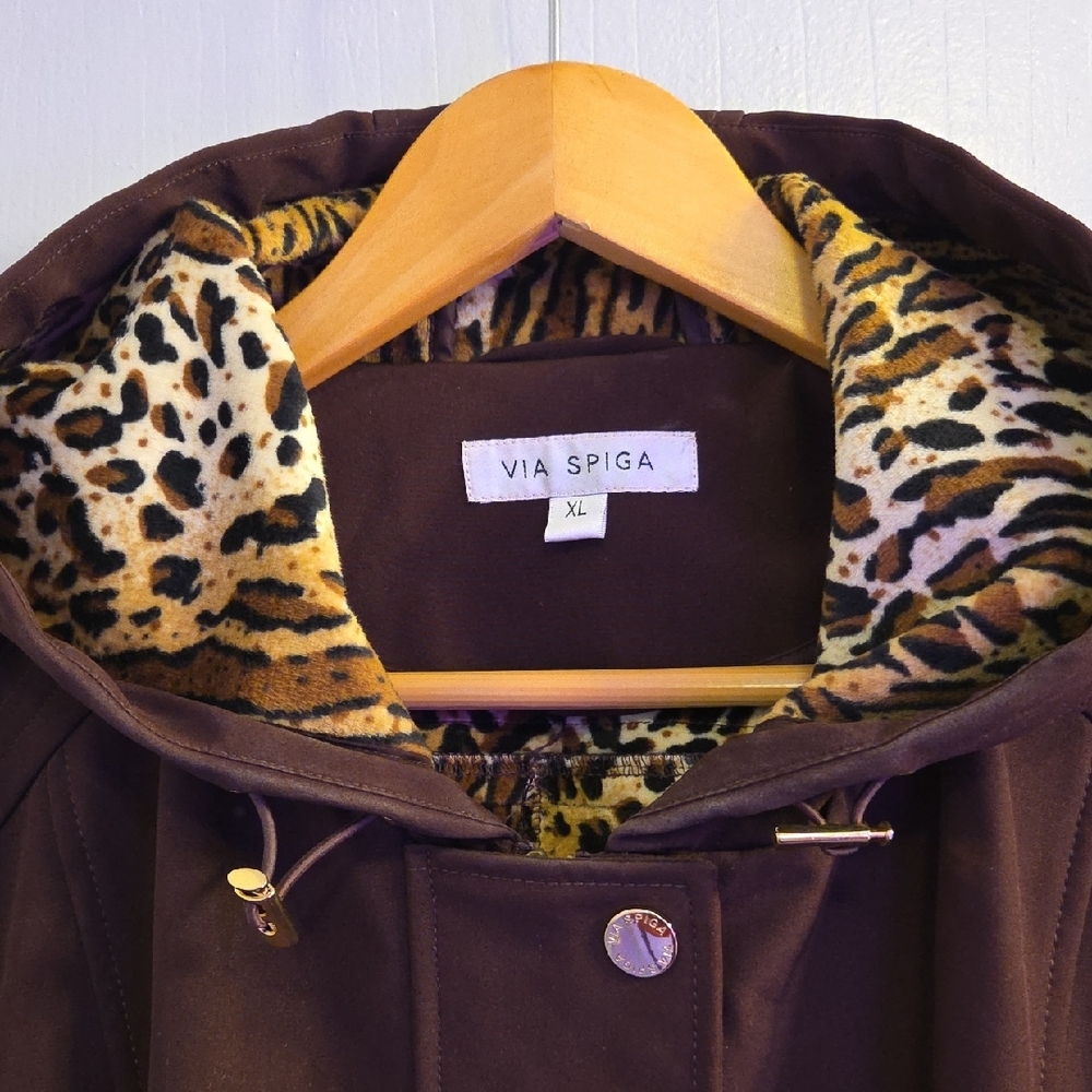 NWOT Classy Stylish Via Spiga Purple Trench Coat with Leopard Print Lining XL - Picture 2 of 7